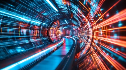 Wall Mural - Quantum pipe at the center of a futuristic cityscape with light trails and neon lights creating a dynamic scene
