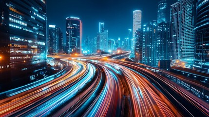Wall Mural - Quantum pipe at the center of a futuristic cityscape with light trails and neon lights creating a dynamic scene