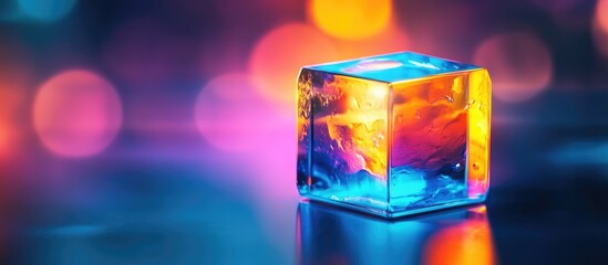 Wall Mural - amber energy cube reflecting blue and multicolored light on glossy surface with bokeh background and