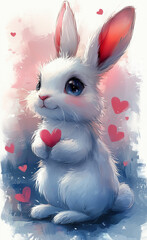 Wall Mural - A white rabbit holding a heart in its mouth