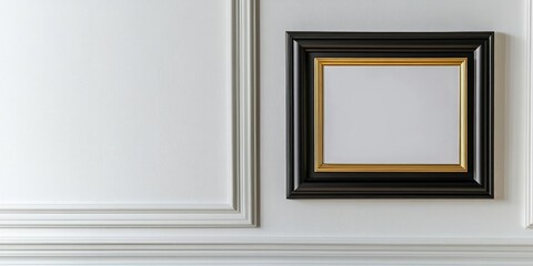 Sophisticated black and gold photo frame displayed against a pristine white wall in a contemporary interior setting featuring elegant moldings and ample empty space for artistic personalization or ins