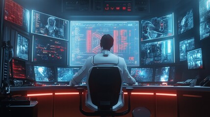 Futuristic Control Room: Hacker at Work