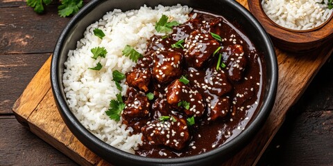 Wall Mural - Delicious serving of rice with beans in a bowl. Garnished with cilantro and spices, this meal is colorful and flavorful.