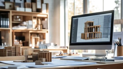 An architect's office with wooden building models on the desk, a computer displaying architectural blueprints and design software interface in focus