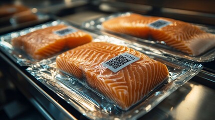 fresh fish with qr code label in vacuum-sealed packaging on a metallic surface, showcasing advanced 