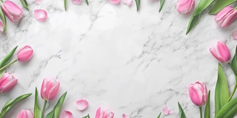 Wall Mural - Elegant arrangement of pink tulip flowers on a white marble surface with vibrant green leaves creating a fresh spring theme and ample empty copy space