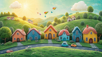 A cute cartoon background with a rainbow and white clouds in the sky, a Ferris wheel, a small town with colorful houses below, children's play equipment on the roof of the building