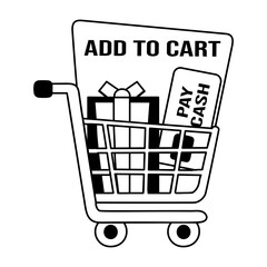 Poster - A glyph sticker of a trolley with a gift box, a credit card, and the text add to cart 