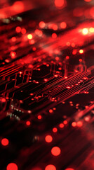 Fototapete - Red light flowing through electronic circuit on printed circuit board, representing data transmission and processing