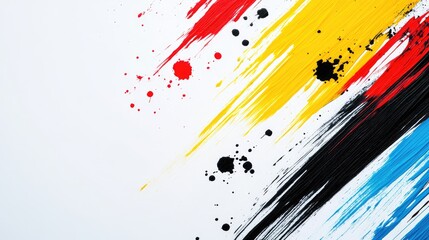 Wall Mural - Colorful brush strokes in red yellow blue and black with dynamic splashes on a clean white background ideal for text overlay and artistic designs