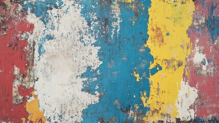 Wall Mural - Vibrant Grunge Wall Texture with Red, Blue, Yellow, and White Cracked Paint for Creative Copy Space Suitable for Artistic Background Designs