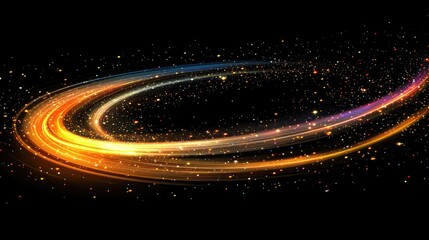 Wall Mural - Vibrant Cosmic Spiral of Golden and Multicolor Light Trails Against a Black Background with Starry Texture and Space for Text Addition
