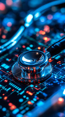 Poster - Electronic circuit diagnostic tool glowing with neon light, revealing digital health and technical maintenance process