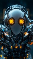 Aufkleber - Futuristic robot with glowing orange eyes exploring new technologies in a dark environment