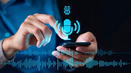 Voice-Controlled Technology: Person Using Smartphone with AI and Sound Waves