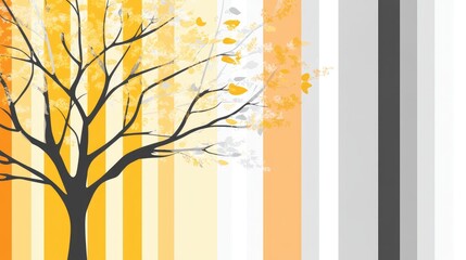 Poster - Vibrant Yellow and Gray Striped Background Featuring a Silhouetted Tree with Autumn Leaves and Generous Empty Space for Text Placement