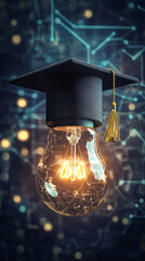 Aufkleber - Graduation cap resting on illuminated light bulb, symbolizing learning potential and creative thinking amid interconnected knowledge pathways
