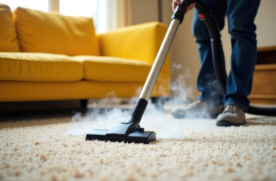 Person uses a steam cleaner to deep clean the carpet in a bright living room, ensuring a fresh and tidy space