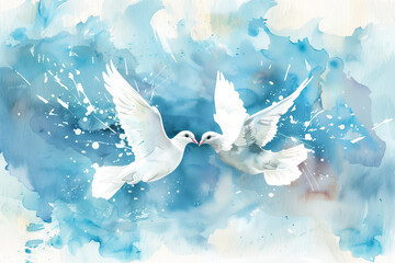 Two white doves facing each other on a watercolor blue background with splashes, symbolizing peace, love, and harmony in an artistic, serene composition