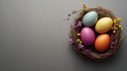 Colorful traditional Easter eggs in a decorative nest with purple yellow flowers on a grey background with empty copy space for text