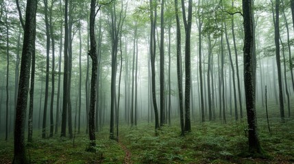  Lush green dense forest shrouded in mist and fog with tall trees creating a serene atmosphere and ample empty space for text overlay