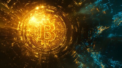 glowing bitcoin symbol in digital space. futuristic cryptocurrency concept.