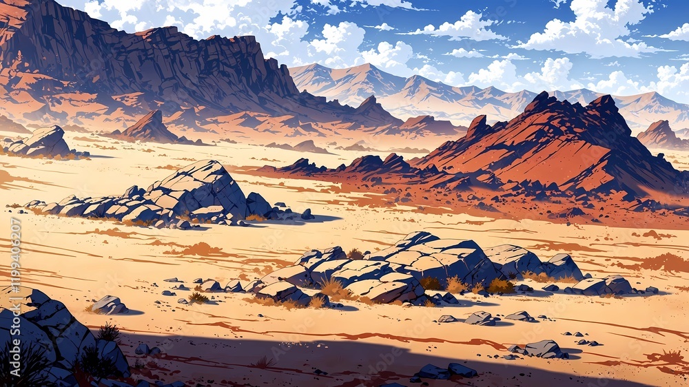 Expansive Desert Landscape with Rocky Formations: A Serene View Under a ...