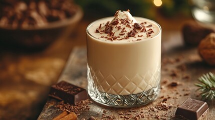 Decadent Lumumba drink with cocoa, rum, and cream, garnished with chocolate shavings, served in a glass on a rustic table, moody backdrop.