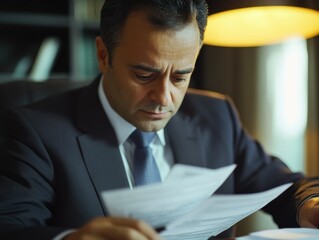 Wall Mural - Businessman Scrutinizing Papers at Desk