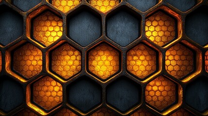 Abstract honeycomb pattern with glowing orange hexagons and dark gray metallic background.