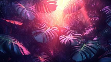 Wall Mural - Lush Tropical Leaves with Vibrant Pink and Purple Light Effects