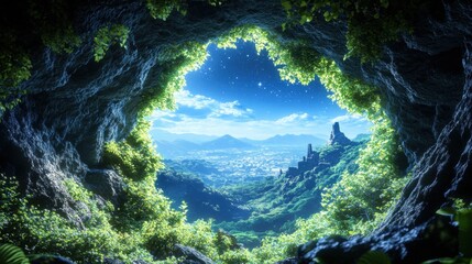 Wall Mural - Lush Cave Entrance Overlooking Serene Valley with Ruins at Dusk