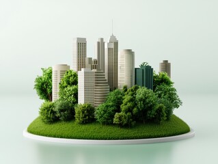 Wall Mural - A modern cityscape blends skyscrapers with lush greenery, symbolizing urban sustainability and harmony between nature and architecture.