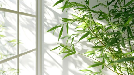 Wall Mural - Fresh Green Bamboo Leaves Casting Shadows in Bright Sunlight