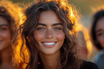 Portrait of a happy smiling woman with snow-white teeth among friends outdoors