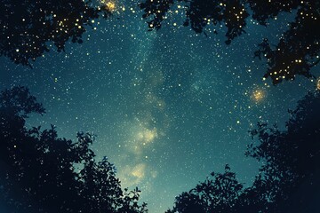 Poster - Serene Night Sky Starry Galaxy Magical Firefly Glow Treetop View