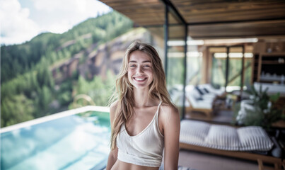 Wall Mural - A woman is smiling in front of a pool. The pool is surrounded by a lush green landscape