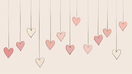 Canvas Print - A light beige background with simple line art of hearts hanging on strings