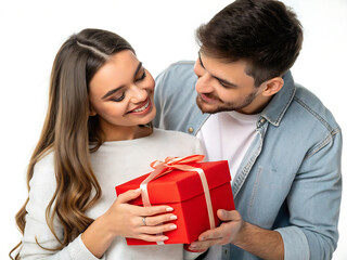 Husband or boyfriend holding red gift box in hands making present surprise to happy girlfriend or wife, isolated on the white background, close up. Couple celebrate Valentines day on February 14