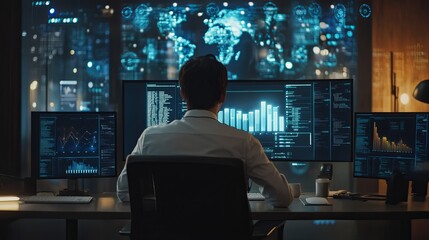 Data Analyst at Work in Futuristic Digital Workspace