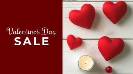 Wall Mural - valentine's day sale banner with hearts, lit candles on red and white background top photo.
