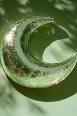 Sticker - Green crescent-shaped glass art, sunlit.