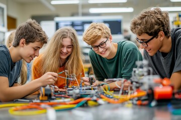 teenagers collaborating on a robot project in a school lab with tools, blueprints, and glowing scree