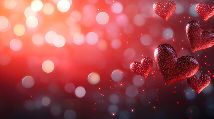 Canvas Print - Shimmering red hearts float against vibrant bokeh background, creating romantic atmosphere perfect for celebrations of love and affection