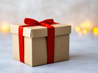 A beautifully wrapped gift box with a red ribbon, set against a soft background with a warm, bokeh effect.