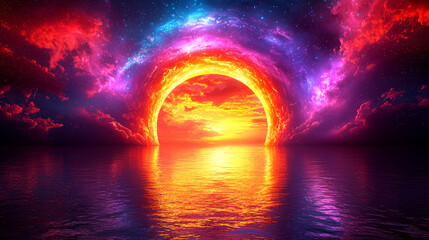 Wall Mural - Cosmic Sunset: A Surreal Ocean and Vibrant Sky, Digital Fantasy Art