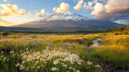 Wall Mural - Majestic snow-capped mountain with wildflowers and stream.