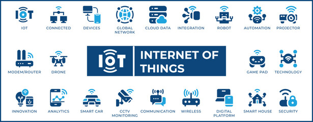 Internet of Things Icon Set. Features editable icons for IoT, connected devices, global networks, and security. Perfect for tech companies, IoT developers, and anyone interested in the IoT industry.