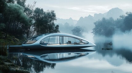 Wall Mural - Futuristic houseboat on calm lake in misty mountains.