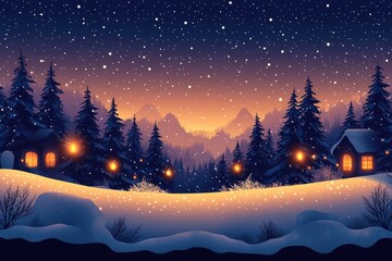 Wall Mural - Snow falling on cozy illuminated cabins in a winter wonderland at dusk